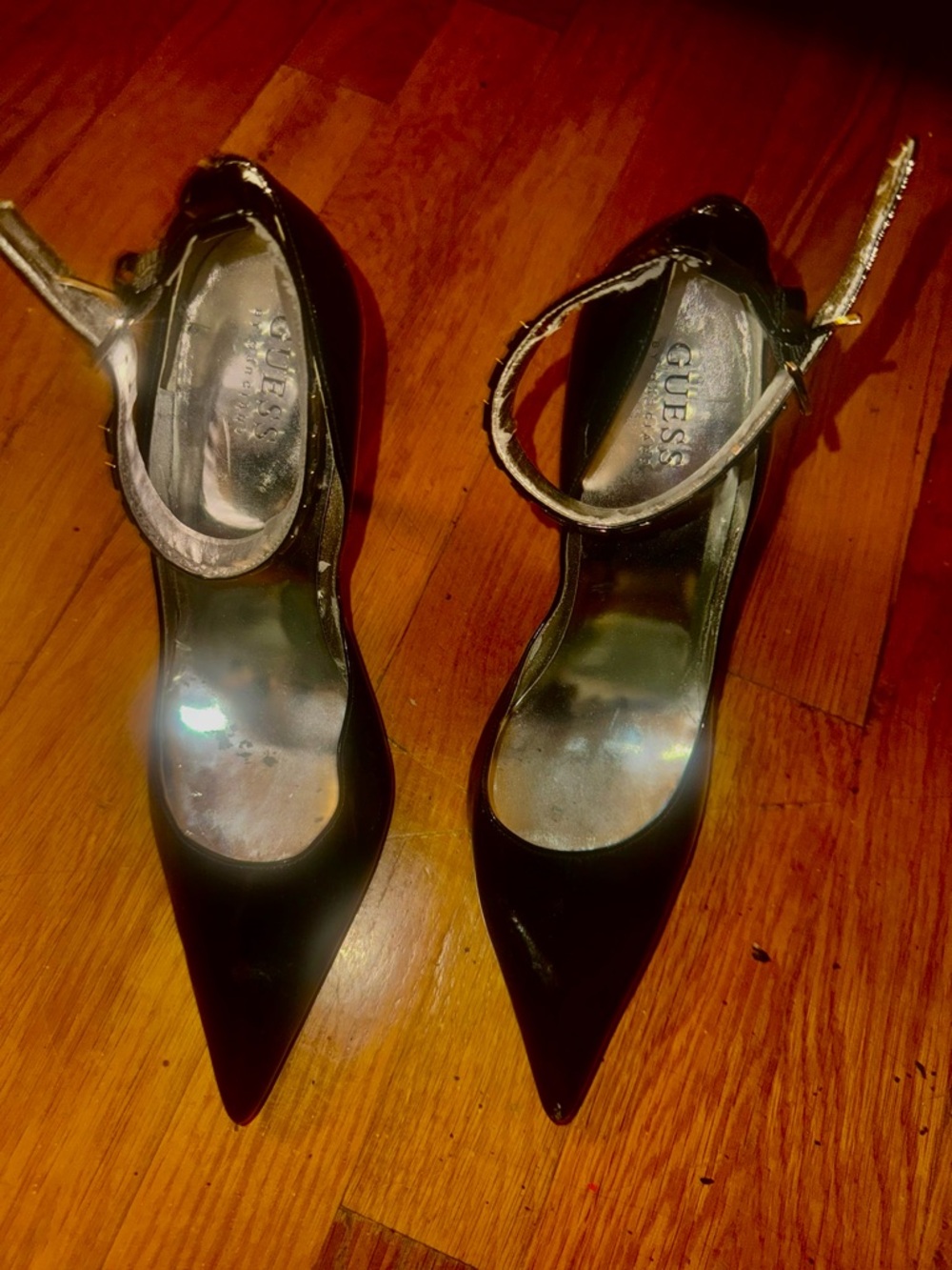 GUESS Black Pointed-Toe Ankle-Strap Heels